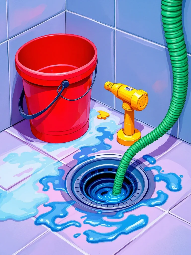 Matériel de débouchage posé au sol près d’une évacuation obstruée