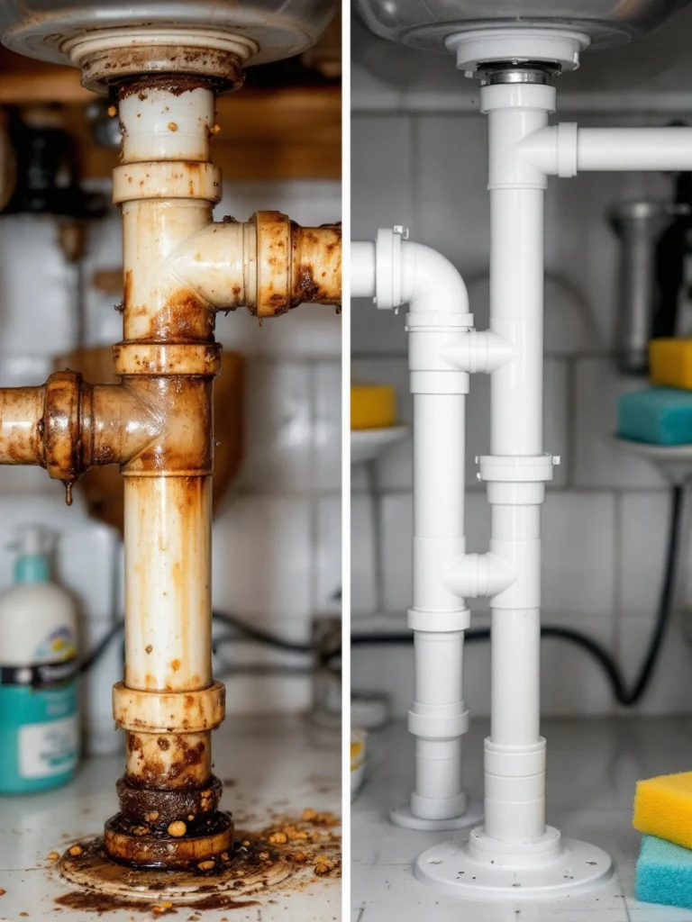 Tuyau d’évacuation de cuisine en PVC avant et après curage