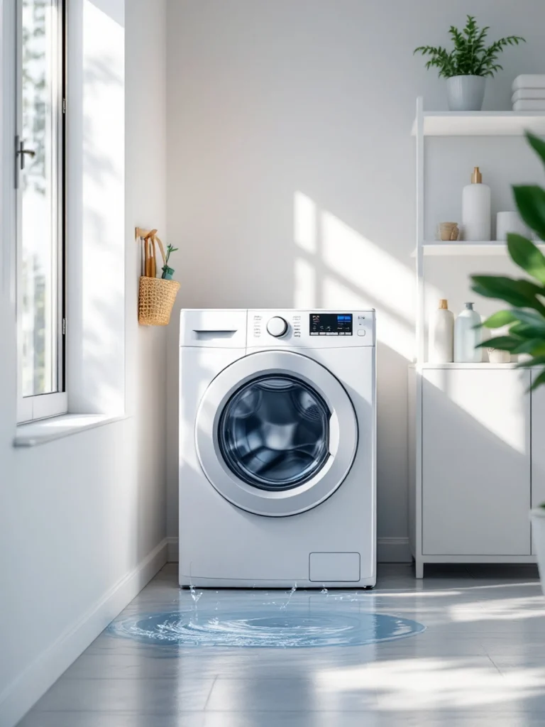 Machine à laver avec fuite d’eau à la base dans une buanderie