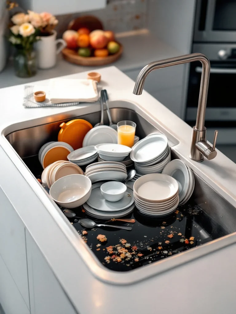 Évier bouché avec eau stagnante et vaisselle dans une cuisine moderne